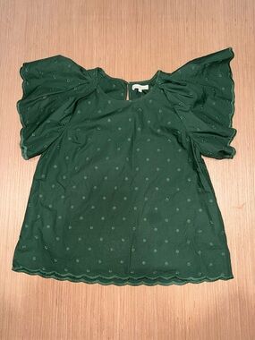 ANN MASHBURN Emerald Green Embroidered Flutter-Sleeve Blouse